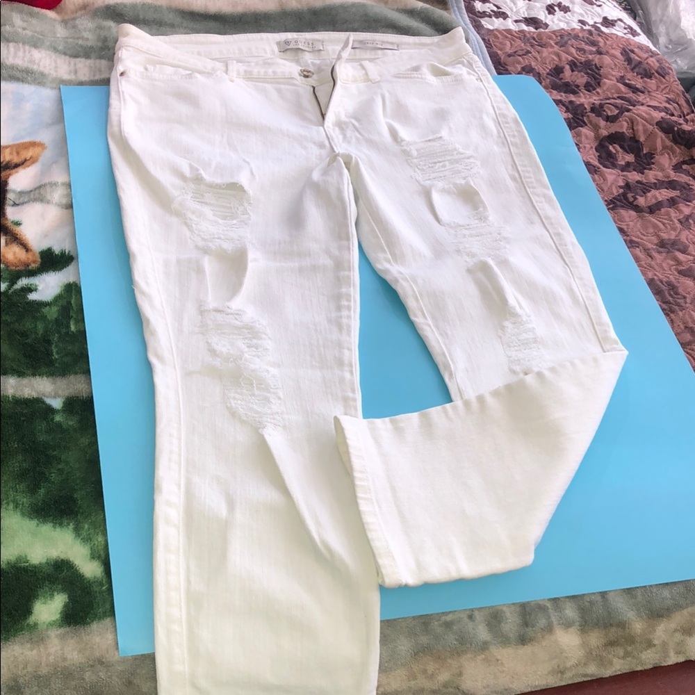 Guess White Straight Leg Jeans with Distressed Details